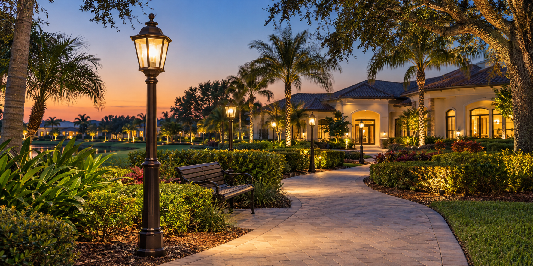Twilight lanterns along a Tampa walkway.png